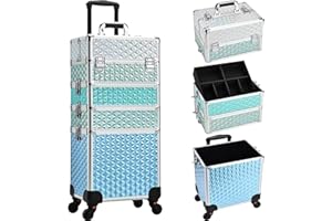 Adazzo Professional Rolling Makeup Train Case 4 in 1 Aluminum Trolley Case with 360° Rotation Wheels for Makuep Artist Cosmetic Suitcase Organizer with Lock and Key Diamond Pattern - Turquoise