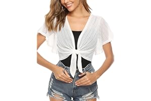 iClosam Women Tie Front Chiffon Shrug Short Sleeve Cropped Sheer Bolero Shrug Cardigan