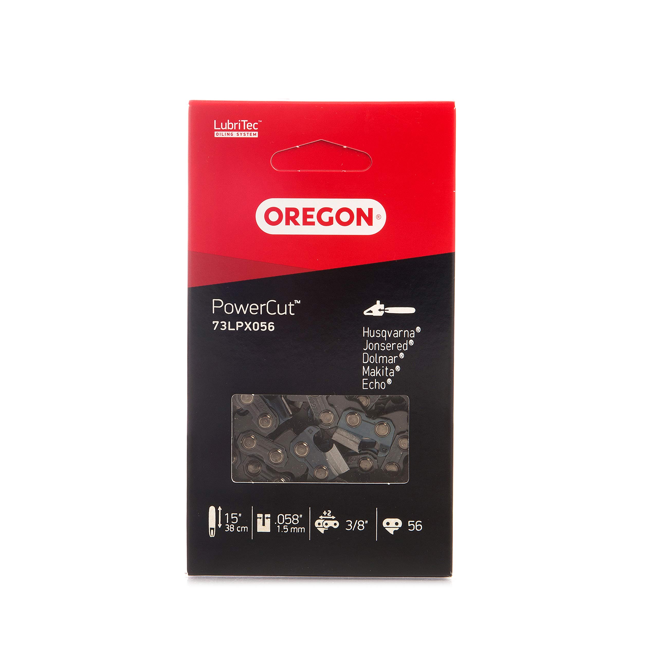 Oregon PowerCut 3/8" Pitch, .058" (1.5 mm) Gauge Full Chisel Chainsaw Chain for 15 Inch Bar - 56 Drive Links - fits Husqvarna, Makita, Dolmar, and More (73LPX)