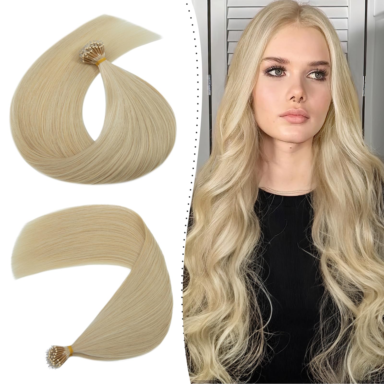 Silk-co 16" Nano Ring Hair Extensions 7A Grade 100% Real Remy Brazilian Human Hair Extensions [50 Strands 1g/s #60 Platinum Blonde] With Nano Beads Cold Fusion 50 Strands