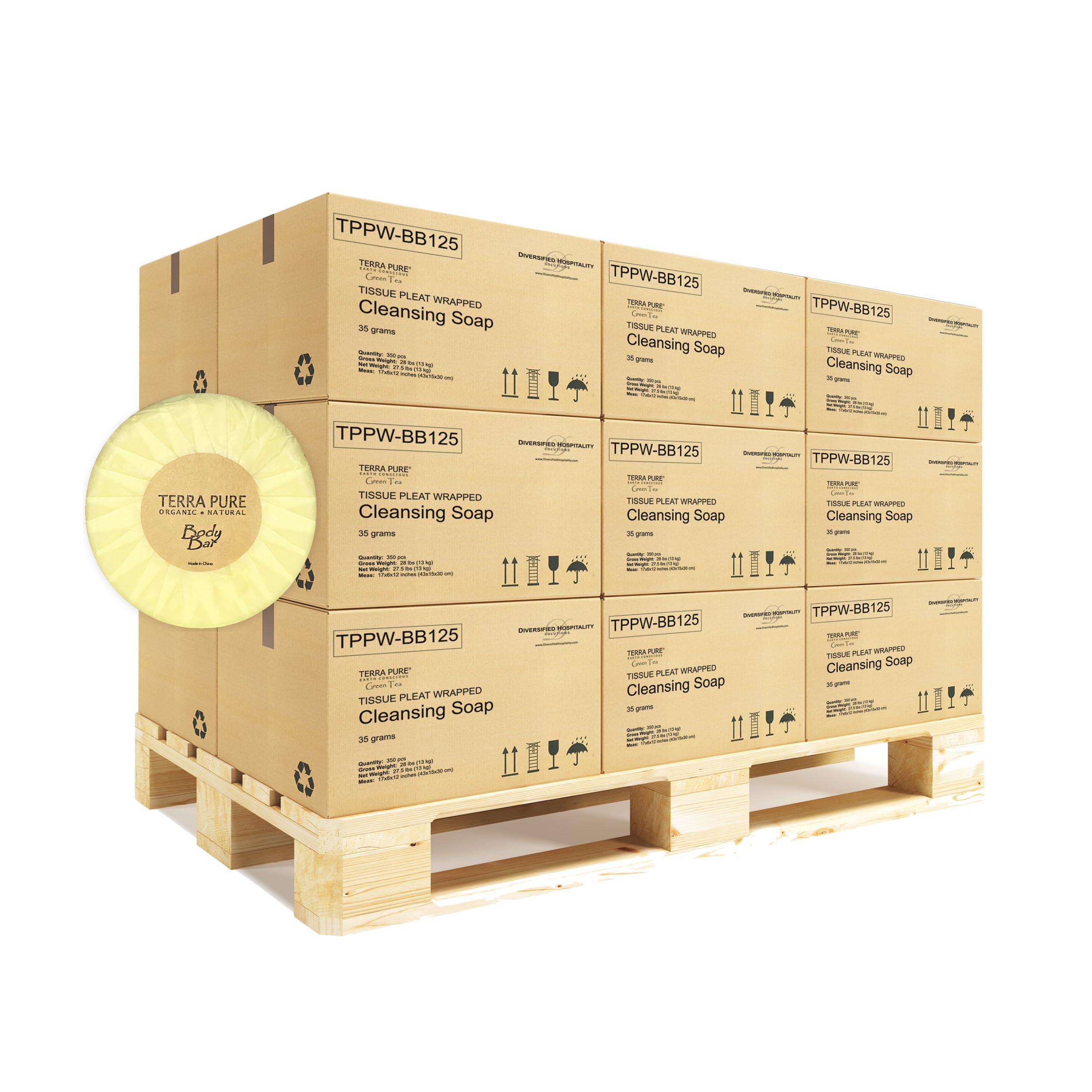 Terra Pure Green Tea Bar Soap, Travel Size Hotel Amenities - Bulk Set for Hotel Essentials | 1.25 oz Bar Soap | Half Pallet 18 cases with 350 units each - 6,300 pieces