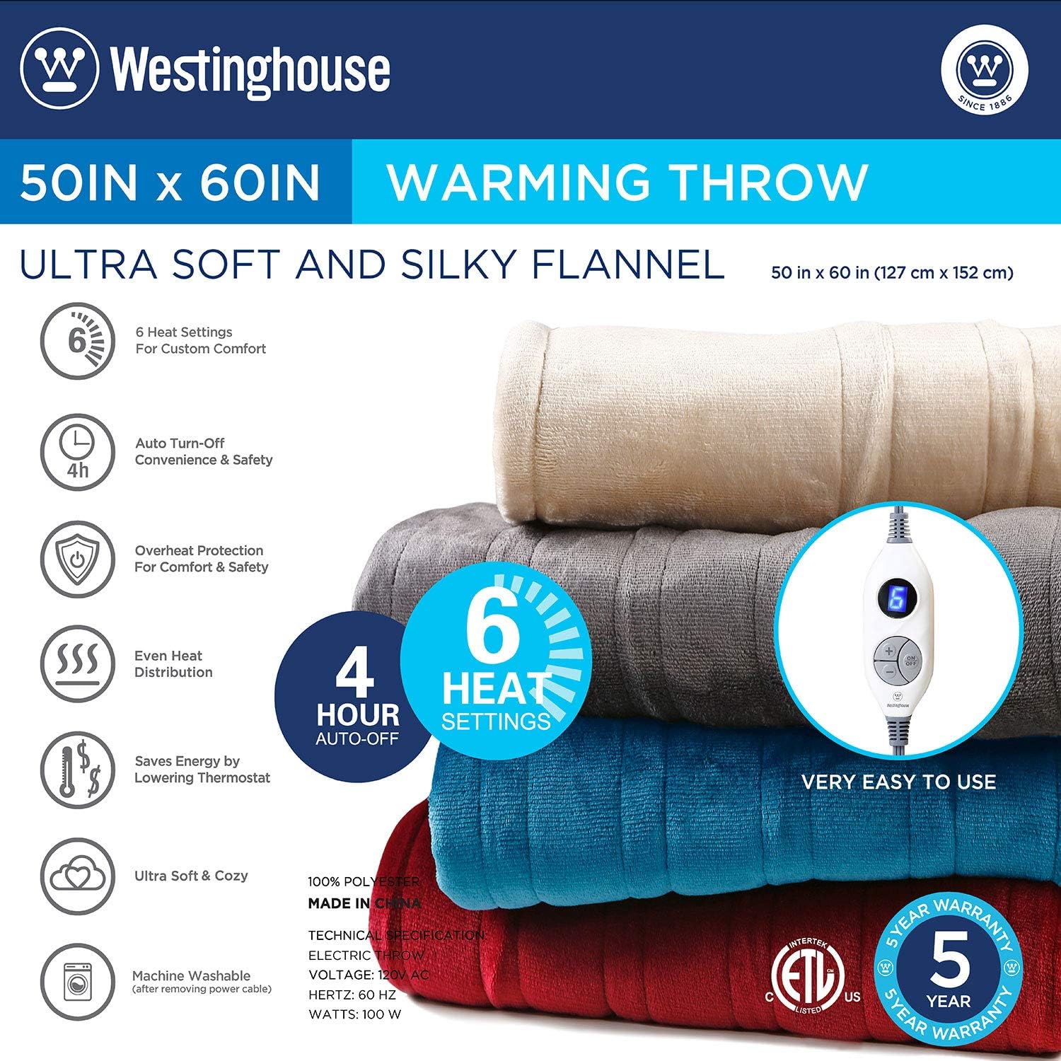 Westinghouse Electric Blanket Heated Throw Soft Silky Microplush Flannel Heating Blanket 50"x60", 6 Heat Settings & 4 Hours Auto Off, Machine Washable, Charcoal Grey 50x60in: Kitchen & Dining