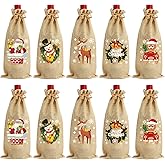 FOIMAS Christmas Burlap Wine Bags,10pcs Xmas Wine Bottle Gift Bag Cover with Drawstring for Christmas Party Wedding Party Supply