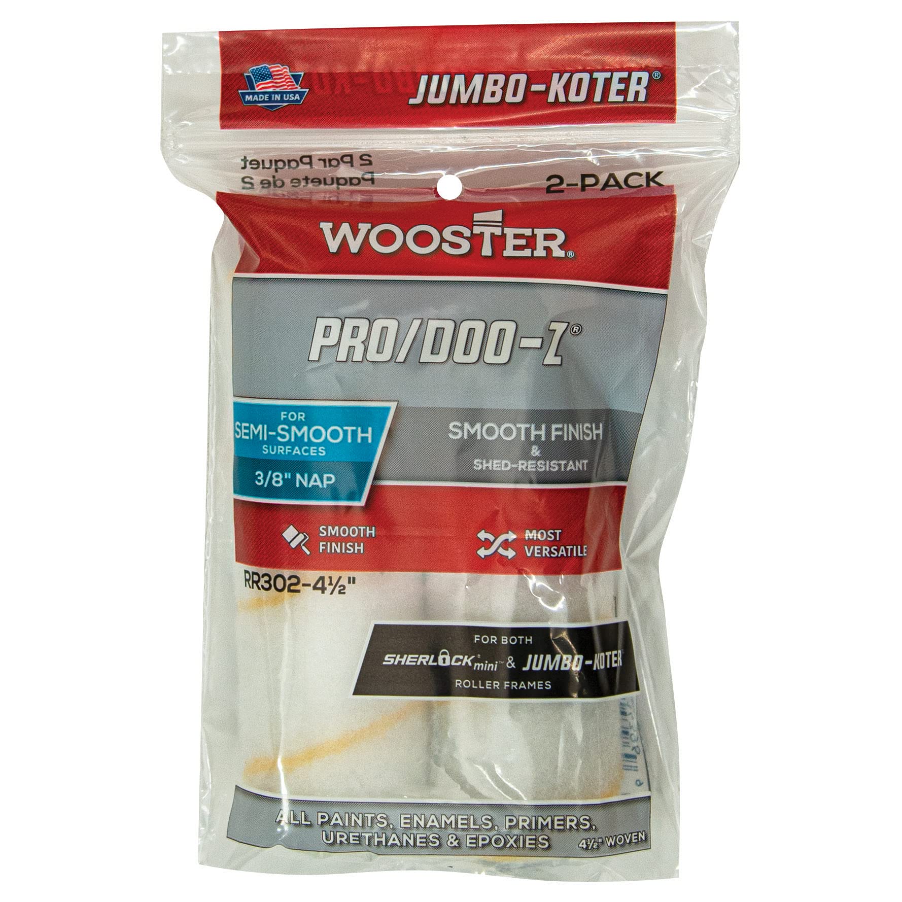 Wooster Brush RR302-4 1/2 RR302-4-1/2 Jumbo-Koter Pro/Doo-Z Roller 3/8-Inch Nap, 2-Pack, 4-1/2-Inch, White, 4.5 Inch
