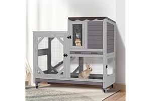 GUTINNEEN Duplex Rabbit Hutch Indoor with Chew-Proof Frame & 2 Leak-Proof Sliding Trays, Rain Cover, Wooden Guinea Pig Cages with Wheels - Grey