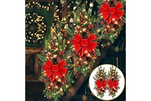 Lyrow 4 Pack Christmas Artificial Swags 24" Xmas The Cordless Prelit Stairway Swag Teardrop Trim Wreath Door Stair Garland Christmas Decoration for Outdoor Home Garden Decor(Red,Classic Style)