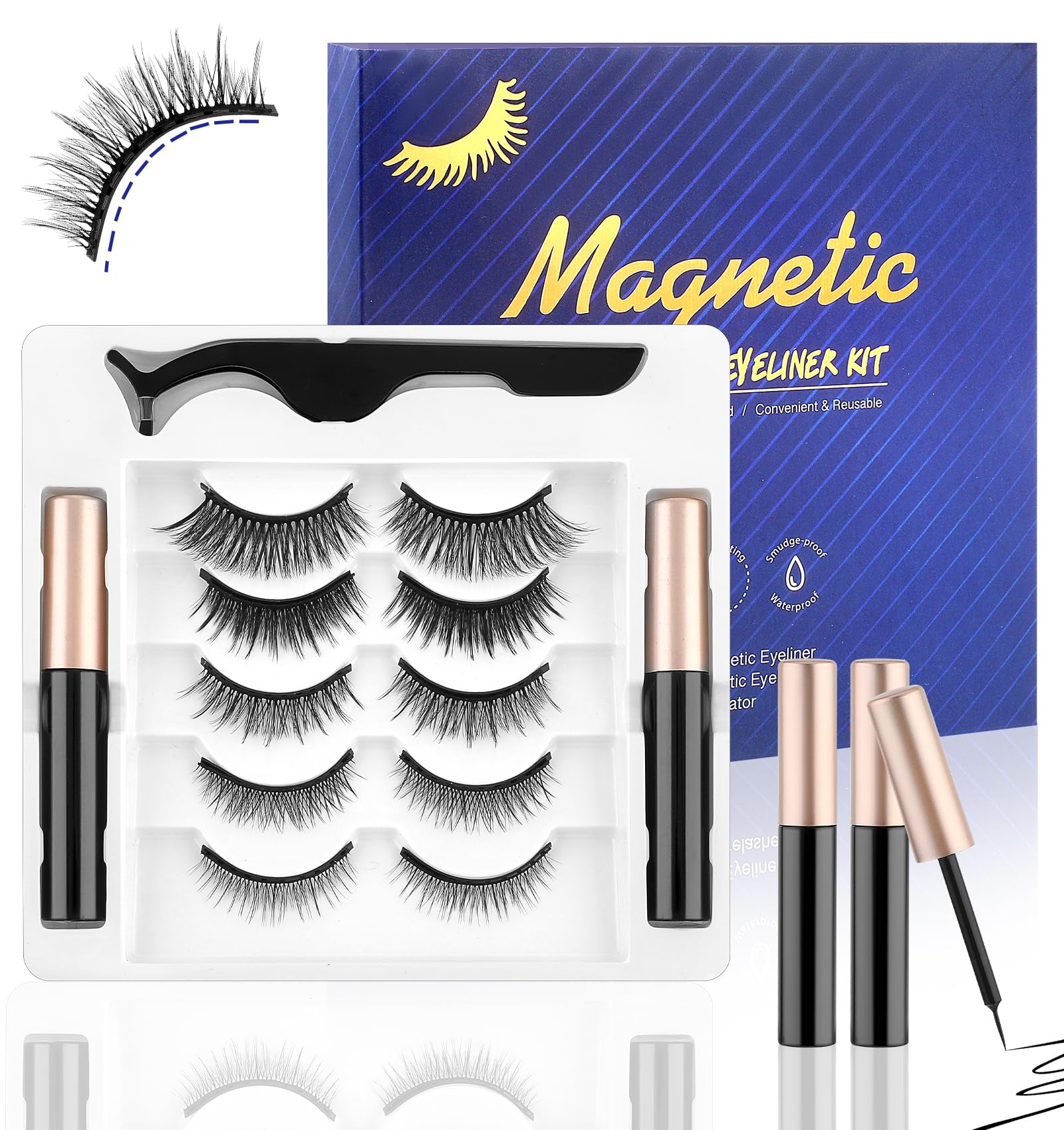 Photo 1 of 5 Pairs Magnetic Eyelashes with Eyeliner, Magnet Reusable Lashes with Eyeliner & Tweezers, No-Glue Natural Fibers for Easy Application