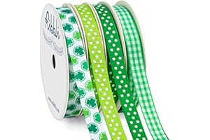 Ribbli 4 Rolls St Patricks Day Ribbon,Shamrock Ribbon Polka Dot and Green Gingham Ribbon,Use for Hair Bows,Wreath,Gift Wrapping,Party Decoration,3/8-Inch Total 40 Yards, Green White Ribbon