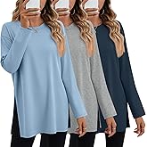 Huukeay 3 Pack Oversized Long Sleeve Shirts for Women Cotton Workout Side Split Gym Crewneck Tops Loose Basic Tee Winter