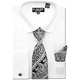 C. Allen Men's Solid Micro Pattern Regular Fit Dress Shirts with Tie Hanky Cufflinks French Cuffs Combo