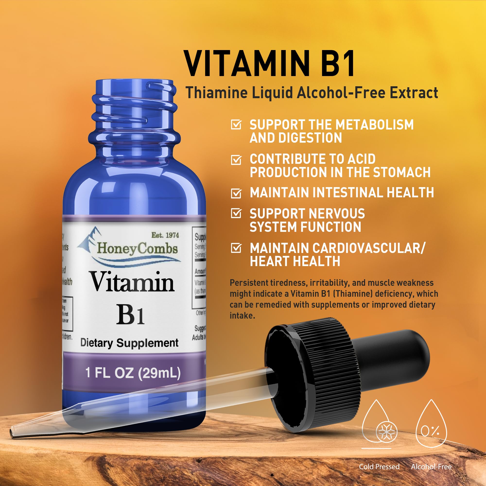 Vitamin B1 Thiamine Liquid Drops - Made in USA - Natural High Potency Fast Absorption Thiamine B1 Supplement for Men, Women & Kids – Vegan Formula - Bulk Sizes Also Available