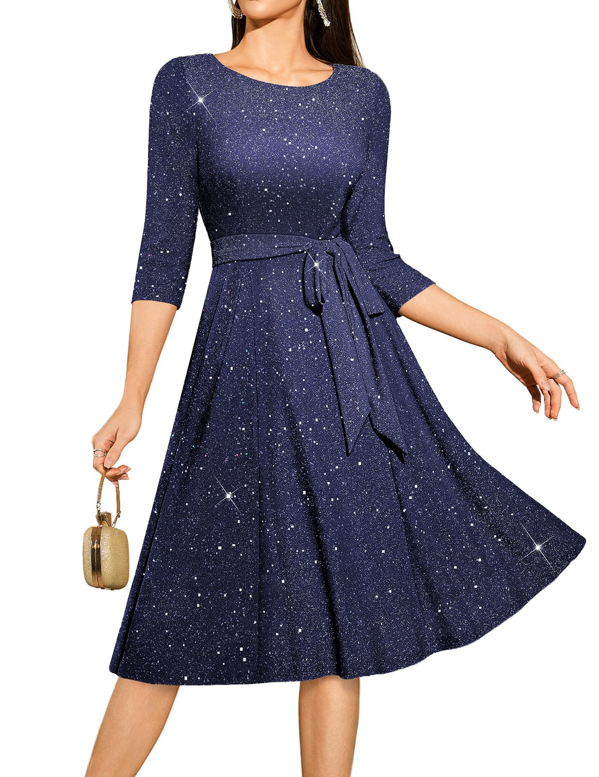 Photo 1 of DRESSTELLS Women's Sequin Cocktail Dresses Long Sleeve Sparkly Formal Holiday Party Dress for Wedding Guest Gala Vestidos Elegantes de Mujer para Fiesta Glitter Navy L