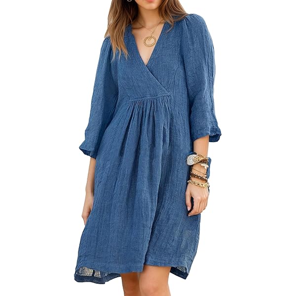 Weinexra Cotton Linen Dress for Women Summer Casual Loose V Neck 3