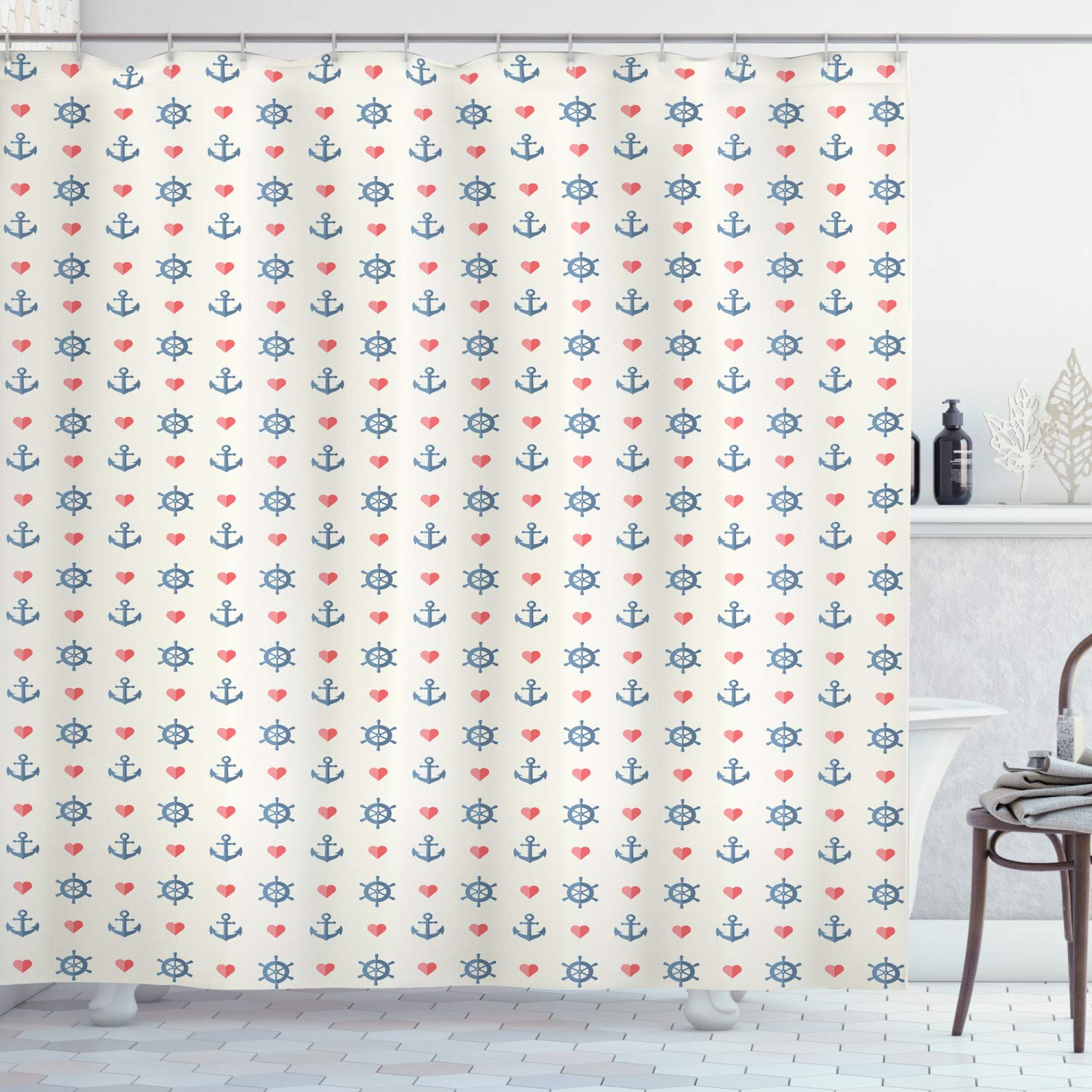 ABAKUHAUS Anchor Shower Curtain, Cute Maritime Pattern with Sea Icons and Little Red Hearts Romance Love Ocean, Fabric Bathroom Decor Set with Hooks, 78" Inches, White Blue Red