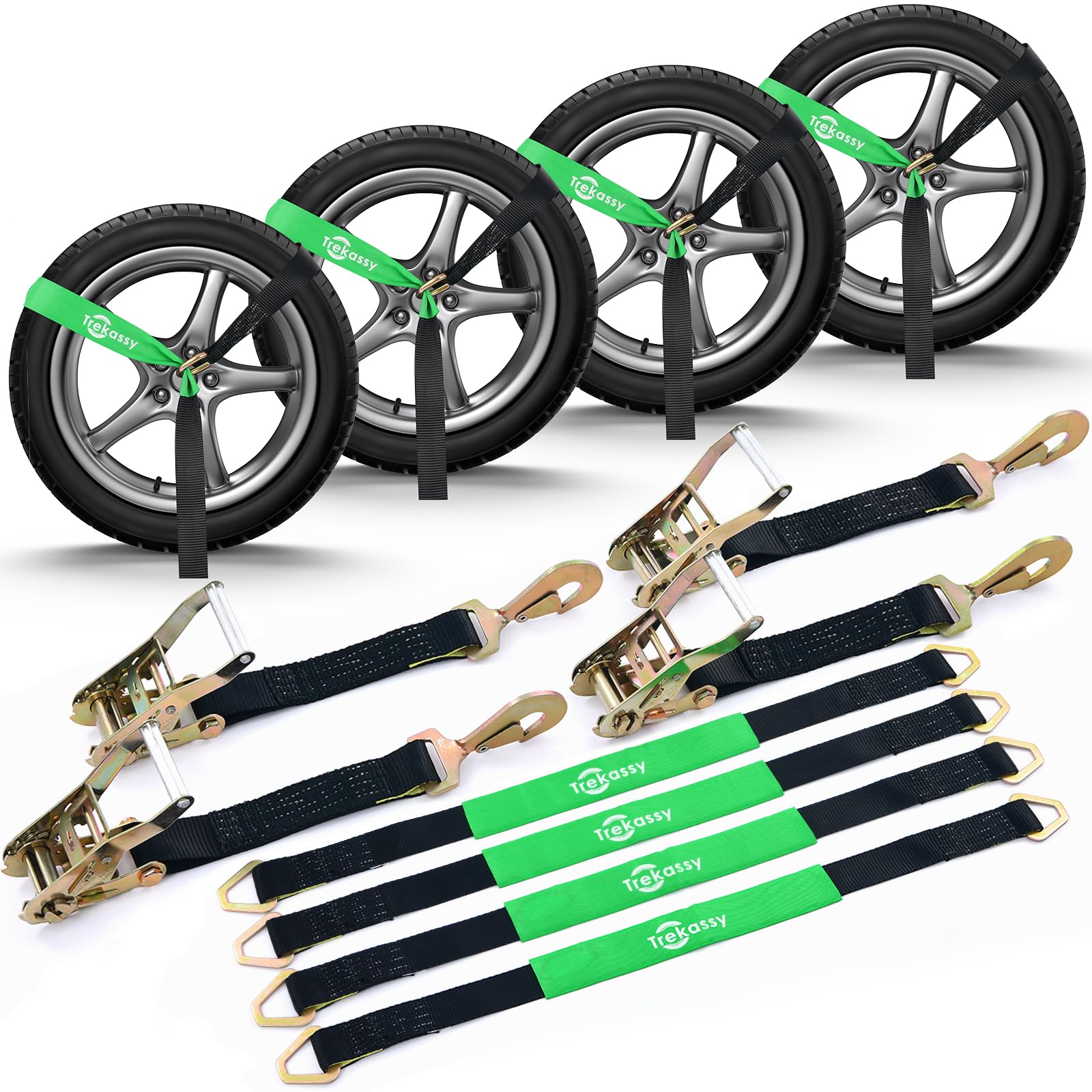 Photo 1 of Trekassy 2”x 144” Car Tie Down Straps for Trailers Heavy Duty (4PK), 10000lbs Break Strength, Include 4 Axle Straps (Black)