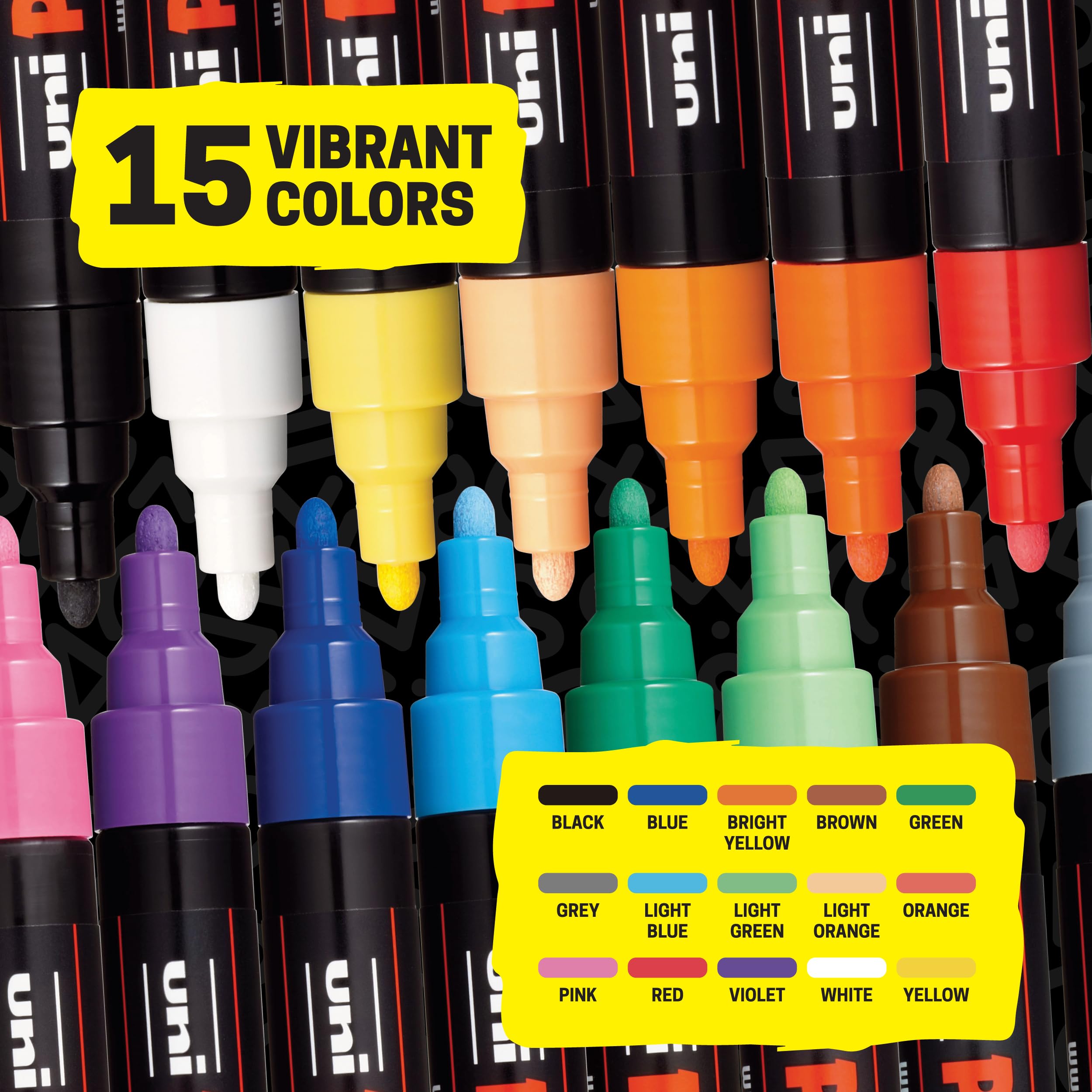 Posca Paint Art Markers, Set of 15 5M Medium Acrylic Markers with Reversible Tips, Artist Recommended Paint Pens for Gifts, Decorations, Fabric, Metal, Windows, Wood and Canvas