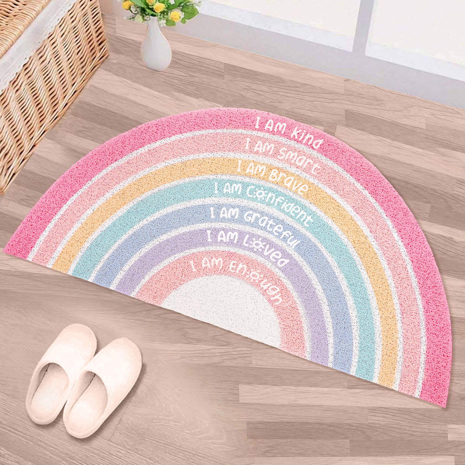 Photo 1 of Drydiet Rainbow Doormat Welcome Door Mat Semi-Circular Area Rug with Inspirational Quote Boho Non-Slip Floor Front Doormat Resist Dirt Carpet for Girls Room Classroom 35.43"x17.72"(Pink Pastel)