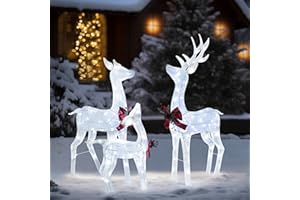 Yardenaler 4.5FT Lighted Reindeer Family Set for Christmas Decoration, 3 Pieces Pre-Lit Iridescent Deer Xmas Decor with 200 LED Lights, 3D Glittered Standing Holiday Display for Outdoor, Indoor, White