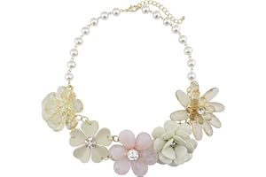 Bocar 5 Flower Braided Crystal Statement Chunky Necklace Bib Collar Flower Pearl Jewelry for Women