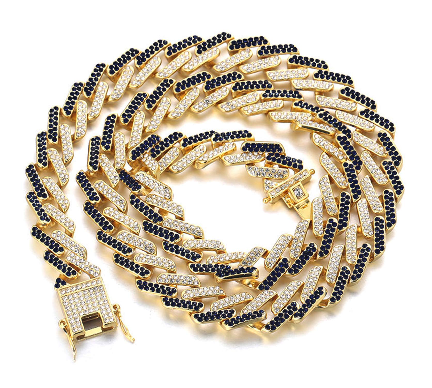 HALUKAKAH Diamond Cuban Link Gold Chain for Men Iced Out,13MM Fuji 18k Real Gold Plated Choker Necklace 50cm,Multicolor Black White Diamonds Prong Set,Gift for Him