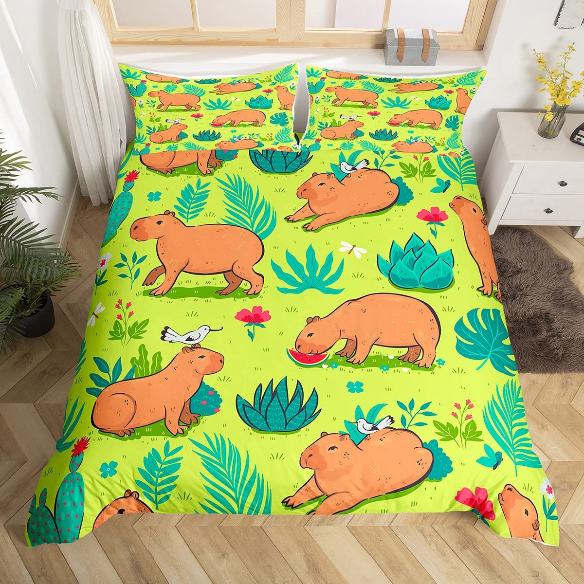 Cute Capybaras Bedding Set Double Size,Cartoon Style Duvet Cover for Kids Boys,Funny Capybaras Birds Comforter Cover Kawaii Room Decor for Teens Girls,Lovely Rodent Animals Quilt Cover 2 Pillowcases — image 1