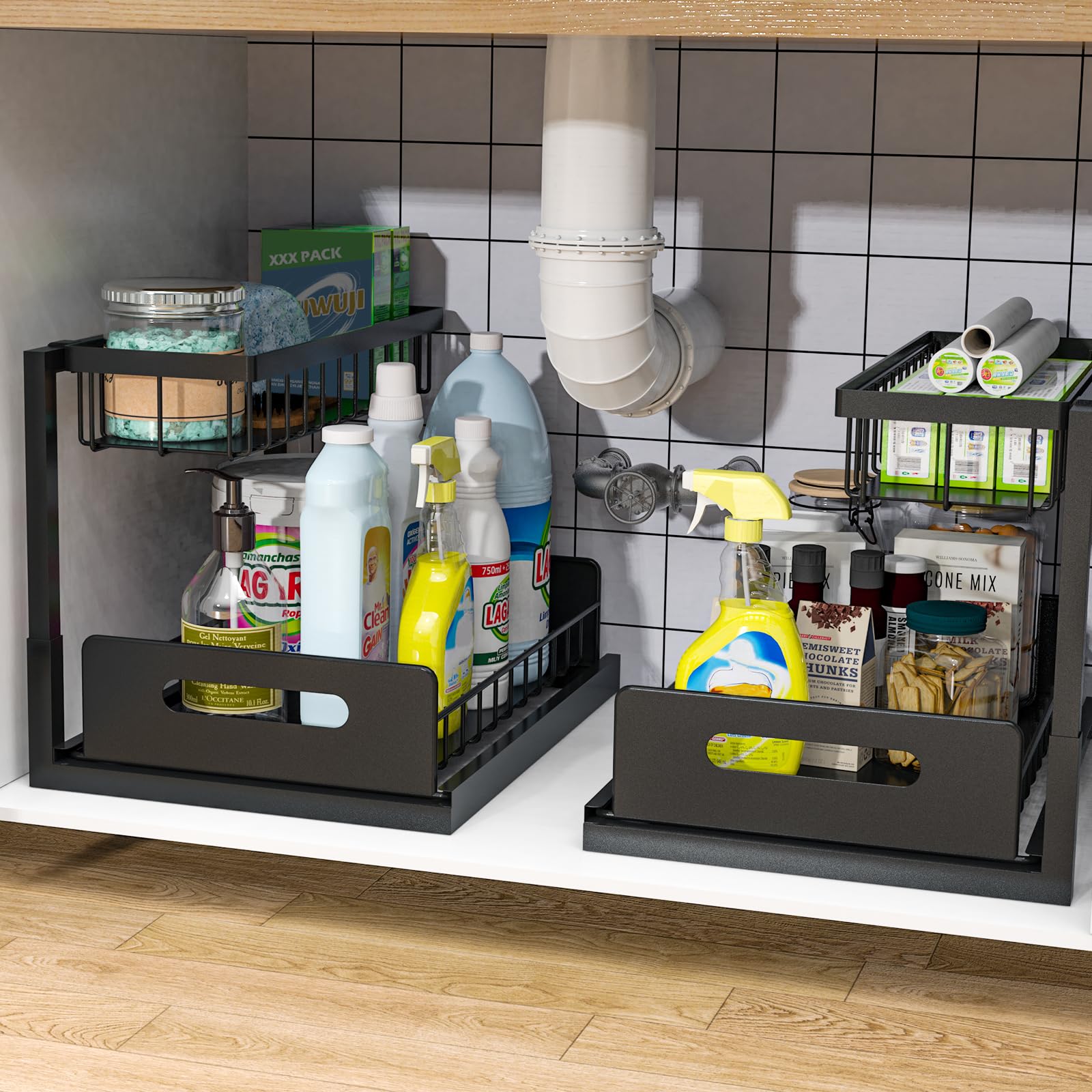 Photo 1 of bukfen Under Sink Organizer, Pull Out Cabinet Organizer 2-Tier Slide Out Sliding Shelf Under Cabinet Storage Multi-Use for Under Kitchen Bathroom Sink Organizers and Storage ?2 Pack