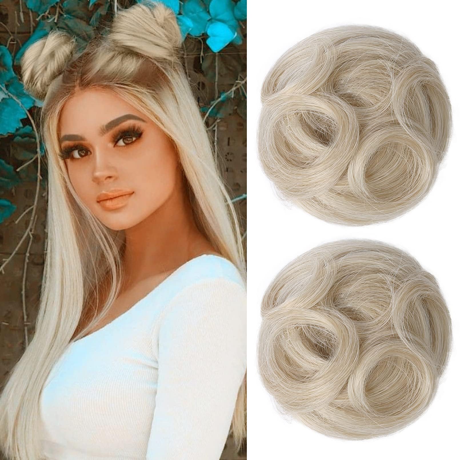 REECHO 2 PCS Mini Claw Clip in Messy & Cat Ears Hair Bun Extensions Wig Accessory Updo Hairpieces for Women Girls (Pack of 2-3.5" Wavy, Medium Blonde with Pale Highlights) — image 1