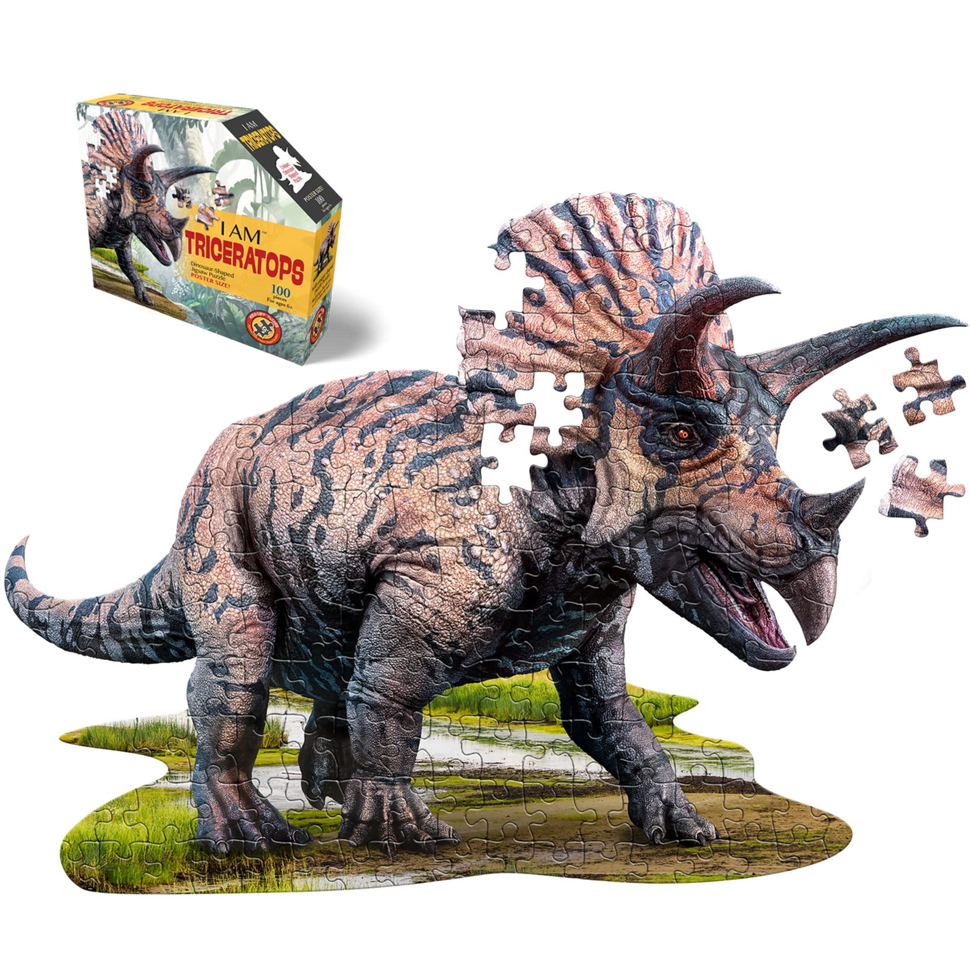 Madd Capp Shape Puzzle Junior Triceratops Contour Puzzle, 100 XL Pieces, Double-Sided Poster Included, Brown, 83.8 x 61 cm