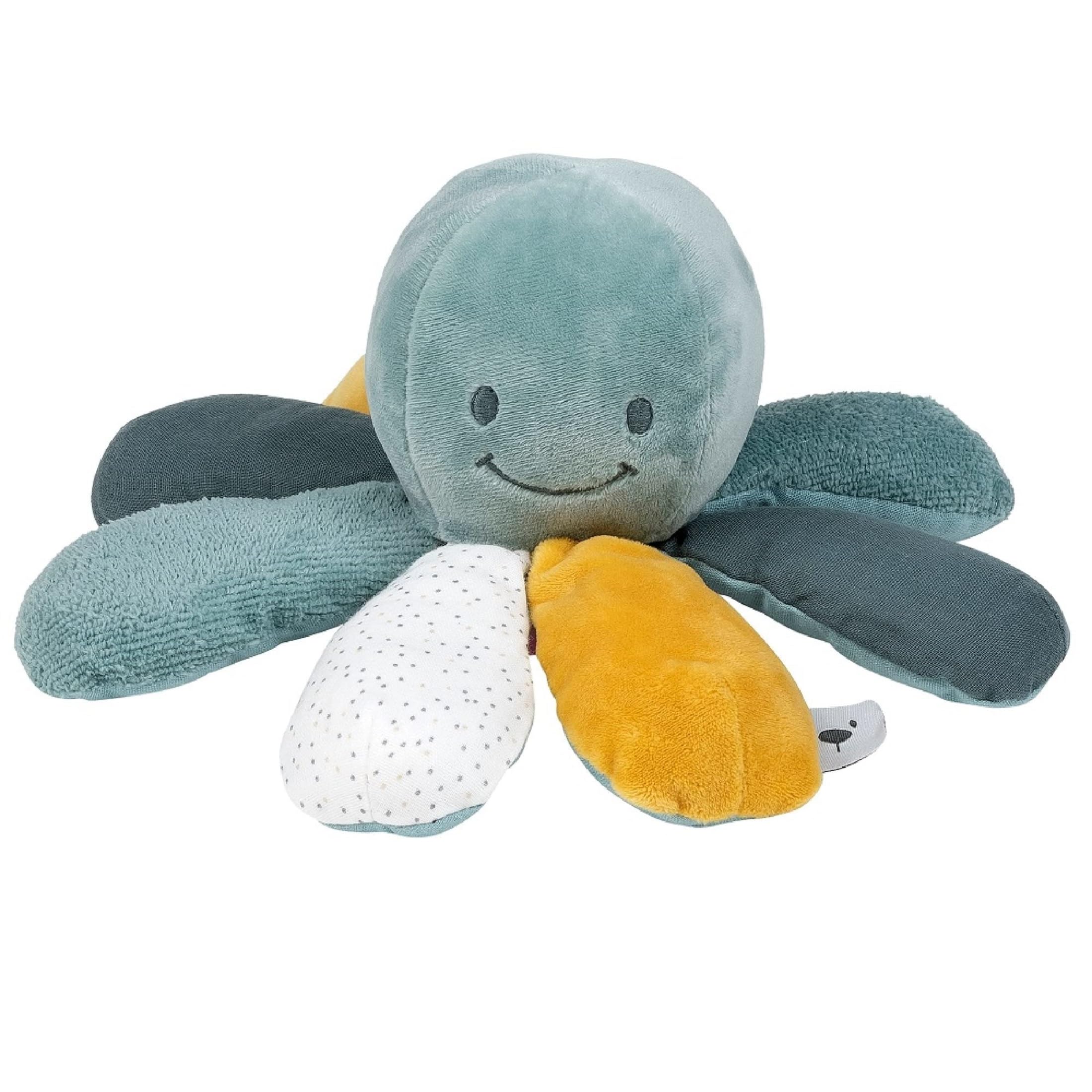 Nattou Pram Toy 8-Activity Plush Octopus, Soft Toy, Stuffed Animal, Cuddly Companion, Cotton/Polyester, Machine Washable, PETA-Approved Vegan, 0+ years, 25 cm, (Lapidou Collection) Green and Yellow