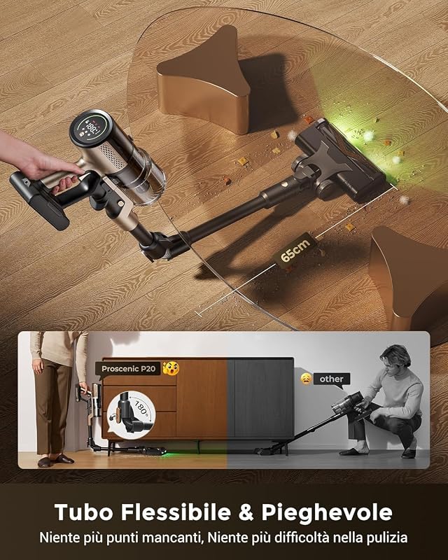 P20+ Aspirapolvere Senza Fili Potente 680W/70 Min/70000Pa, Scopa Elettrica Senza Fili con Bacchetta Pieghevole, Spazzola Antigroviglio, Aspirapolvere Lavapavimenti, per Pavimenti/Tappeti
