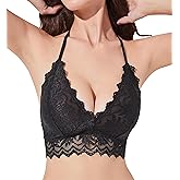 Luna & Sun Soft Comfortable Deep V Unlined Floral Lace Wirefree Halter Bralette