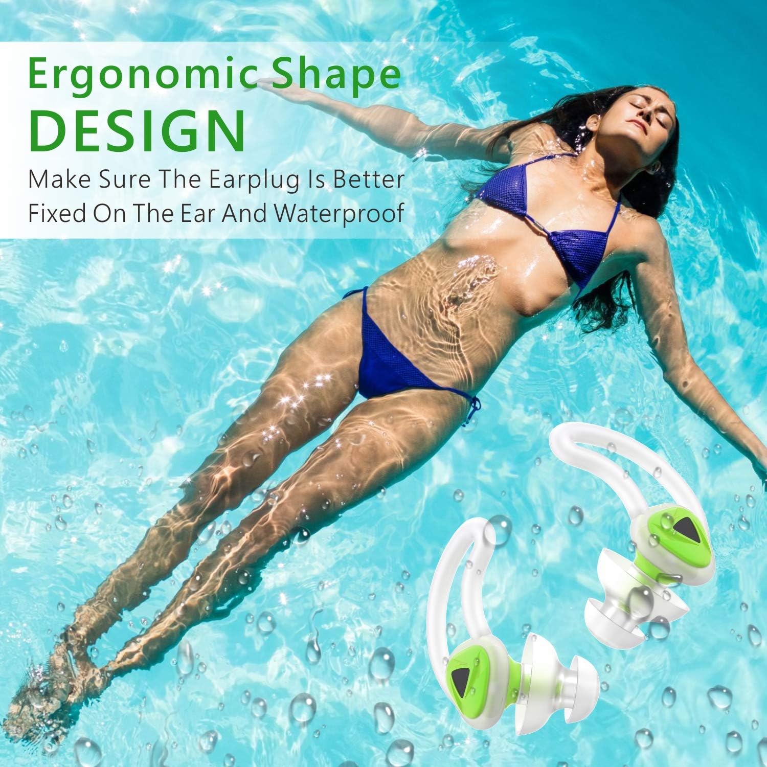 Swimming Ear Plugs, New Upgrade Design Waterproof Reusable Silicone Swim Ear Plugs for Swimmer Showering Bathing Surfing Snorkeling and Other Water Sports (Green): Health & Personal Care
