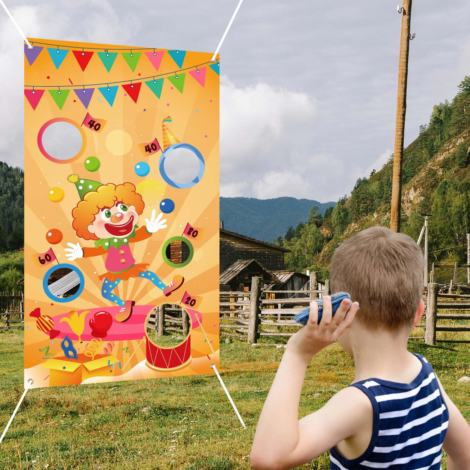 Carnival Throwing Game Clown Banner, with 5 Holes for Parties,Bean Bag Toss Game Indoor Outdoor Events, Games Circus Party Events Carnival Decorations and Supplies