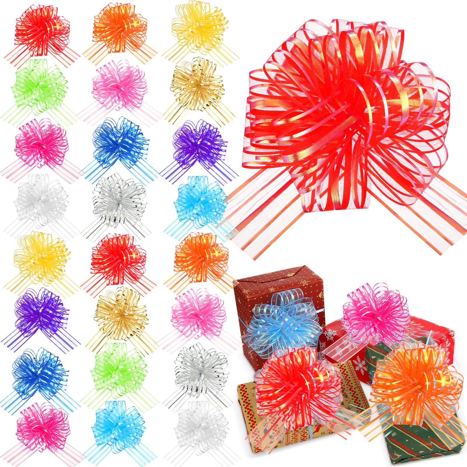 Poen 12 Pieces Pull Bow Large Organza Gift Wrapping Pull Bows with Ribbon for Wedding Gift Baskets (Mixed Color, 6 Inch)