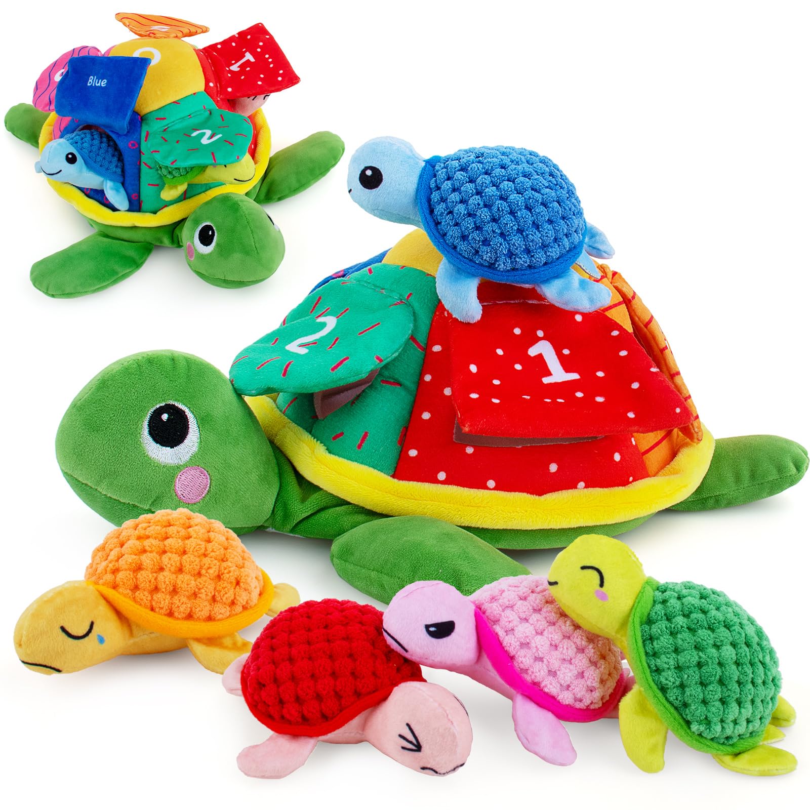 teytoy Sea Turtle Stuffed Animal Set with 5 Babies Inside, Soft and Cuddly Small Stuffed Animals Ideal Gift for Kids, Boys & Girls, Matching Games for Toddlers 1-3 to Learn Shapes, Colors, Numbers