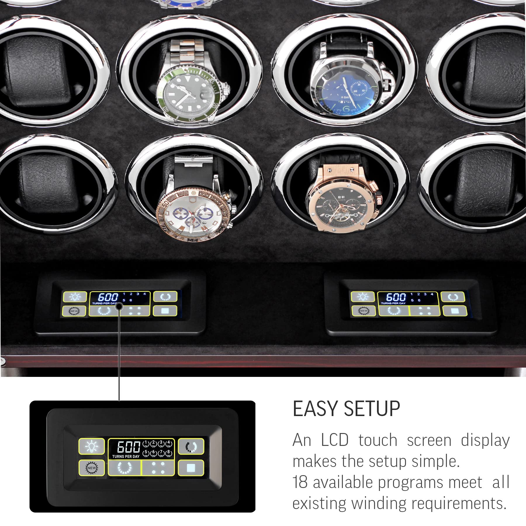 Watch Winder for 16 Automatic Watches with LED Backlight and LCD Touchscreen Control