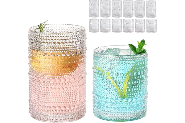 ZMOWIPDL Vintage Glassware Drinking Glasses Set of 12,Clear 12oz & 15oz Hobnail Glass Cups,Embossed Water Tumbler,for Beer,Co