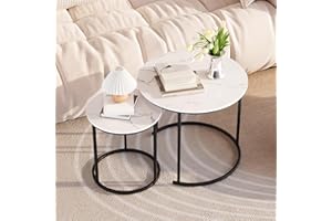 RRG Coffee Table Nesting White Set of 2 Side - Black Frame and Round White Marble Wood Table, Industrial End Table Side Tables for Living Room Bedroom Apartment Balcony Yard,White Marble