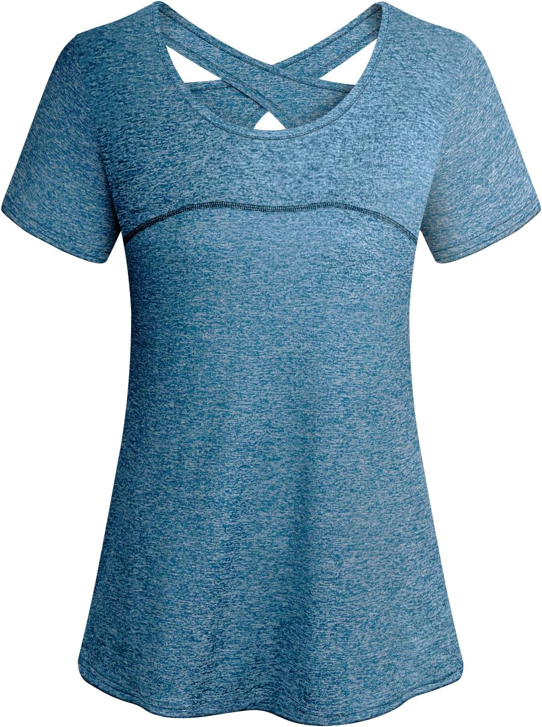 Cucuchy Womens Yoga Top Short Sleeve Crew Neck Criss Cross Back Workout Shirts