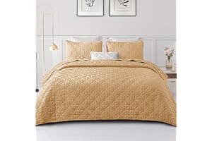 Exclusivo Mezcla Quilts Twin Size Bedding Set with Stitched Grid Pattern, Lightweight Summer Camel Bedspreads Coverlets Bed Cover for All Seasons (1 Quilt and 1 Pillow Sham)