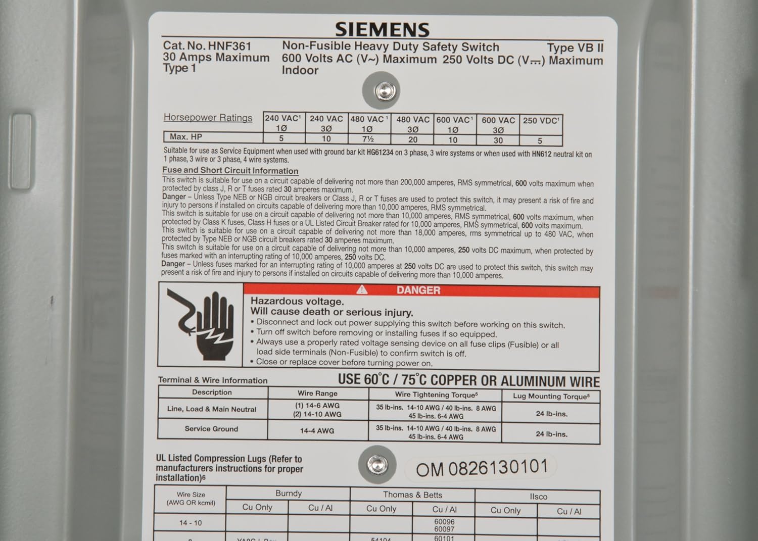 Siemens HNF361 30-Amp 3 Pole 600-volt 3 Wire Non-Fused Heavy Duty Safety Switches - - 