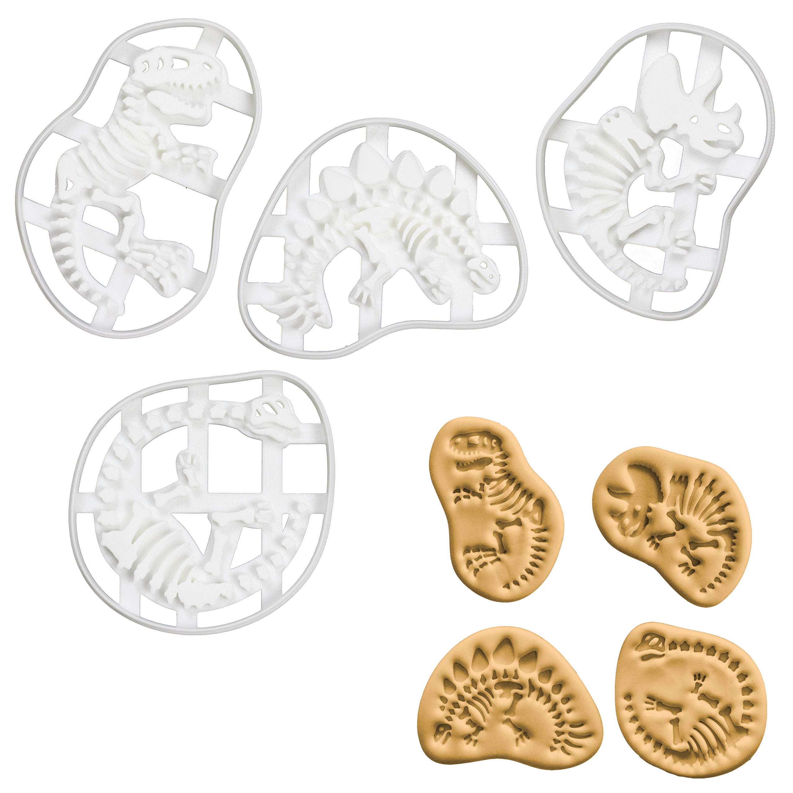 BAKERLOGY Set of 4 Dinosaur Fossil Cookie Cutters (Designs: Tyrannosaurus Rex, Stegosaurus, Triceratops, and Long Neck)