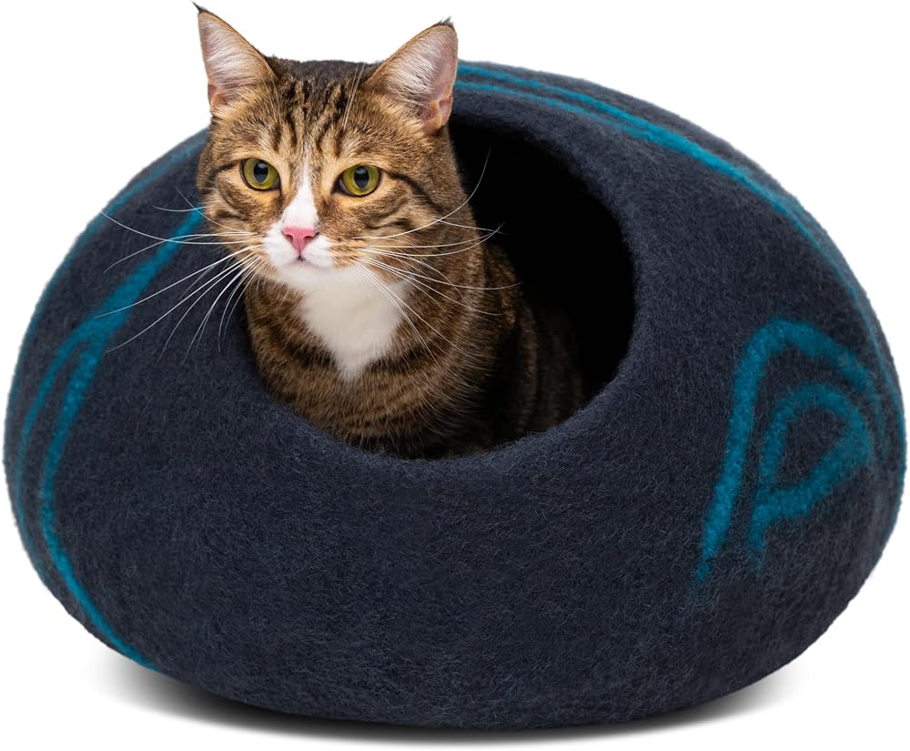 MEOWFIA Cat Cave Premium Felt Bed Merino Wool Large Black Aqua