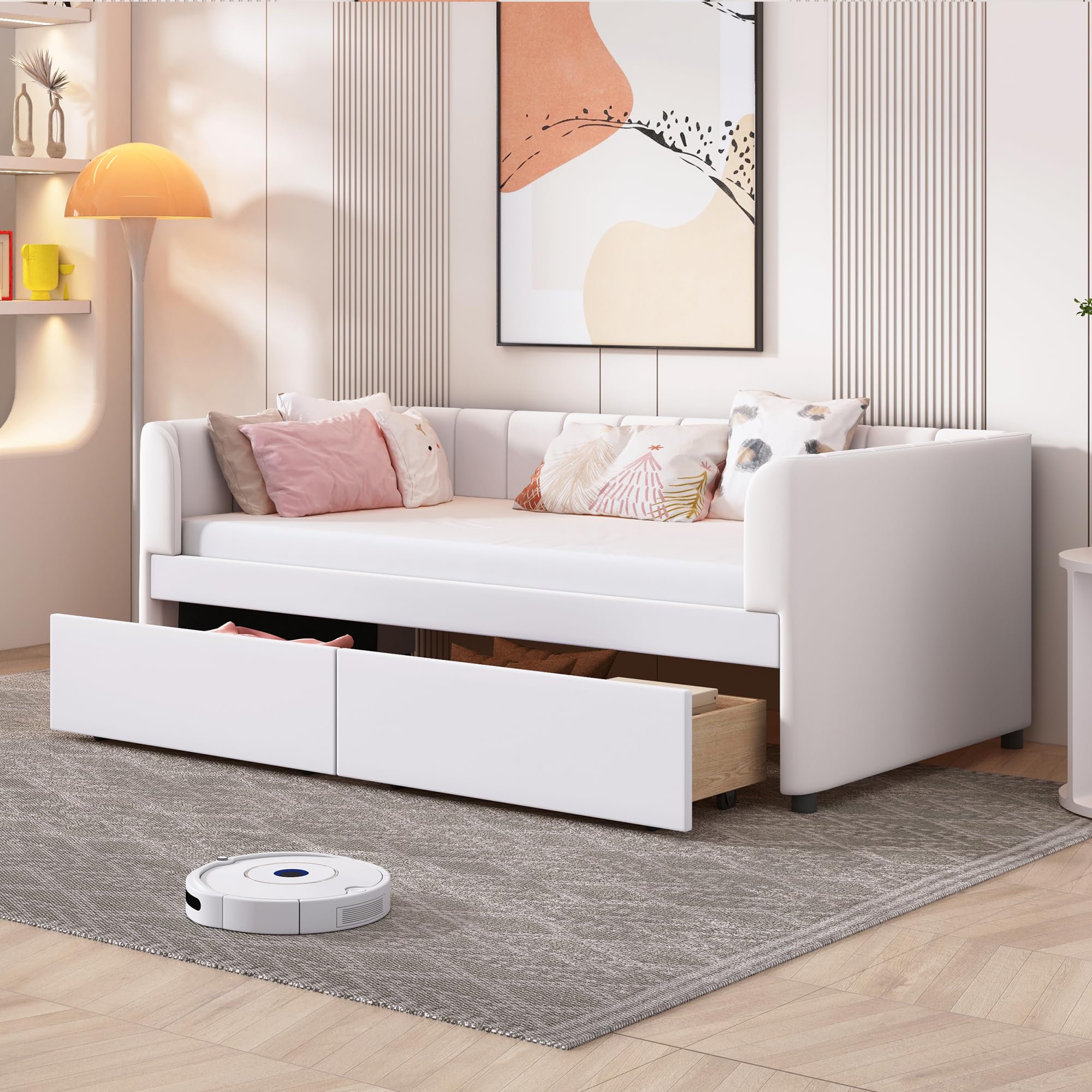 Photo 1 of (part only: headboard)YOPTO Velvet Twin Size Upholstered Daybed with Ergonomic Design Backrest & 2 Drawers, Sofa Bed w/Classic Striped Headboard for Bedroom, Living Room, Guest Room,No Box Spring Needed,Beige