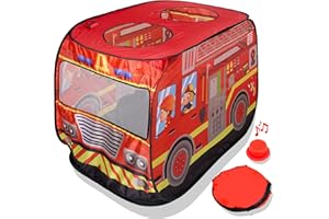 Playbees Musical Fire Truck Pop Up Play Tent with 3 Openings - Role Play Firefighter Tent - Sirens & Fireman Sounds - Indoor Outdoor - Red Fire Engine Playhouse Vehicle Toys - Ideal Play, Gift, Prop
