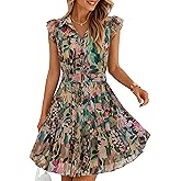 ZESICA Womens Summer Boho Floral Mini Dress 2026 Flutter Short Sleeve Button Chiffon A Line Beach Vacation Party Dresses