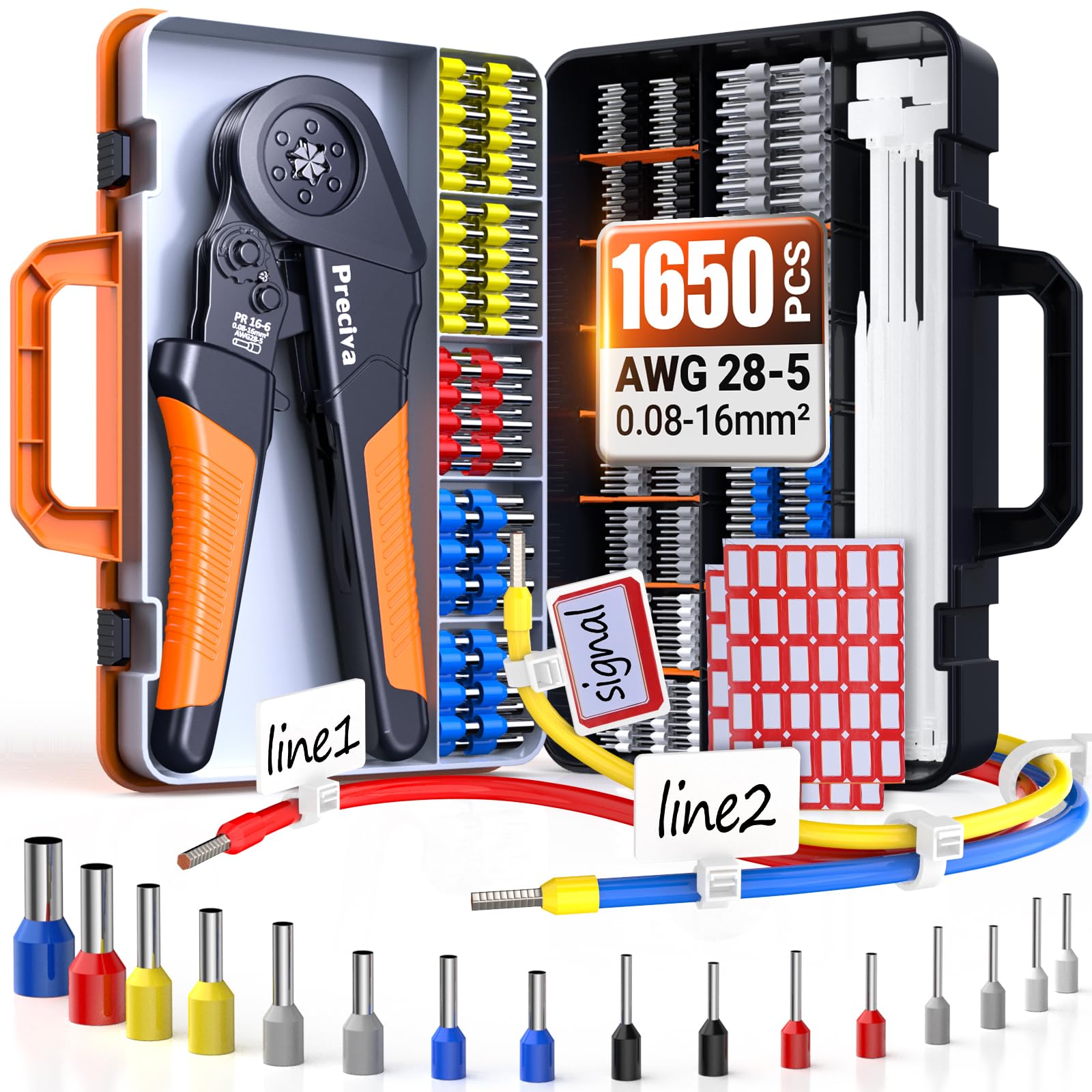 Preciva Sechskant Crimpzange 0.08-16mm² Aderendhülsenzange mit Aufbewahrungsbox + 1500 Stück Aderendhülsen + 100 Stück 15cm Kabelbinder + 50 Stück Kabelbinder mit Beschriftungsfeld