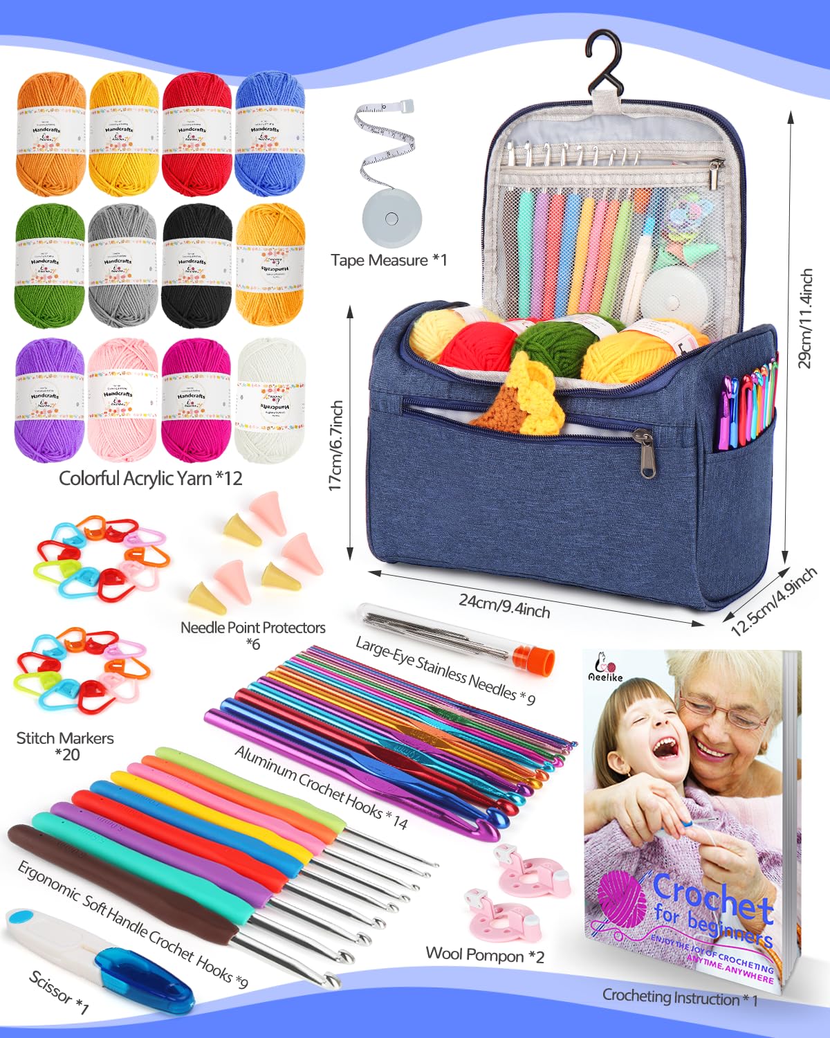 Aeelike Crochet Kit for Beginners Young and Old, First Crochet Kit for Adults Include 23pcs Crochet Hooks, 655 Yards Yarn Set for Crocheting, Instruction, Bag, Crochet Accessories and Supplies, Navy