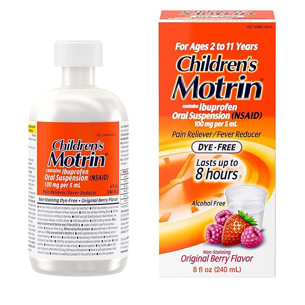 CHILDREN’S MOTRIN ORAL SUSPENSION 100MG IBUPROFEN MEDICINE, NSAID FEVER REDUCER & PAIN RELIEVER FOR MINOR ACHES & PAINS DUE TO COLD & FLU, DYE FREE, ALCOHOL-FREE, BERRY FLAVORED, 8 FL. OZ