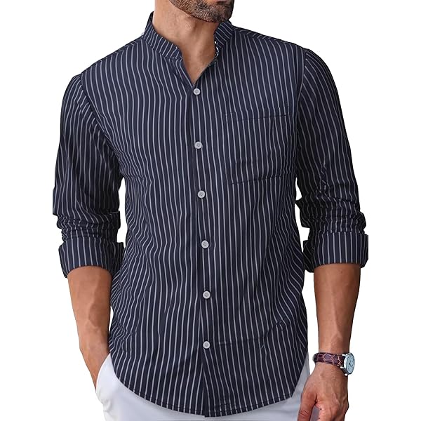 Amazon.com: BAYAMO Men's Banded Collar Stripe Shirt, Linen Cotton